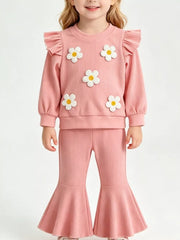 Children's Daisy Ruffled Ribbed Top & Flare Pants Set in Pink, front view