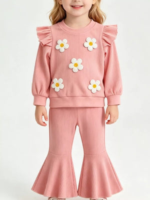 Children's Daisy Ruffled Ribbed Top & Flare Pants Set in Pink, front view