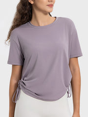 Lilac jersey t-shirt with adjustable side ties and crew neck