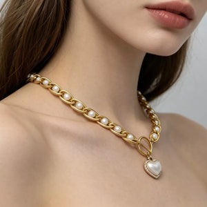 Chunky Pearl And Heart Pendant 18k Gold-plated Necklace in Gold, model styling view