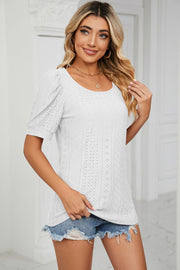 White eyelet puff sleeve scoop neck blouse with textured pattern