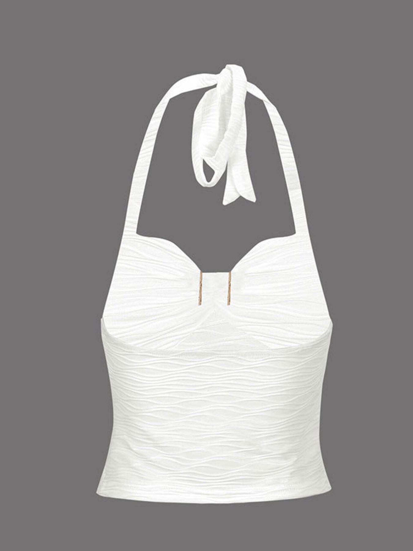 White ruched halter neck cami with tie detail and textured fabric.