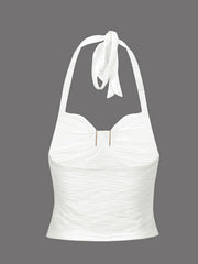 White ruched halter neck cami with tie detail and textured fabric.