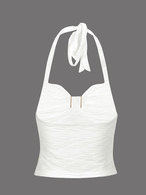White ruched halter neck cami with tie detail and textured fabric.