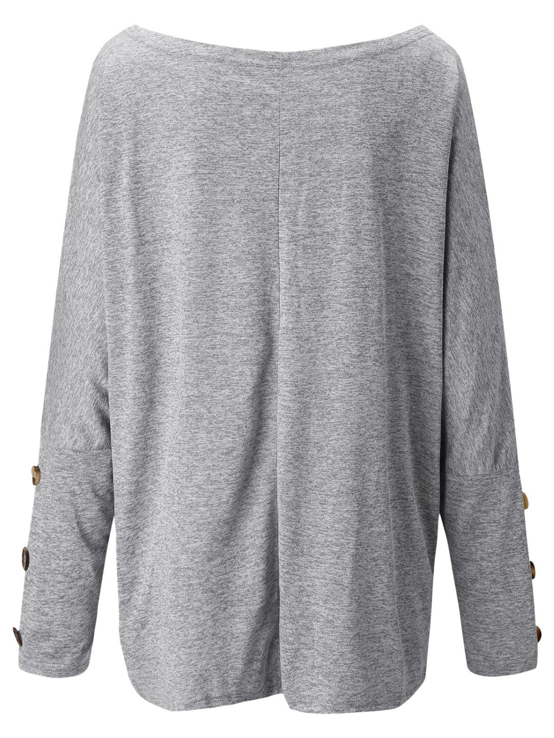 Gray dolman top with off-the-shoulder neckline and button cuff detail