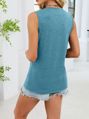 Blue-green sleeveless tank top with notched V-neck and casual fit