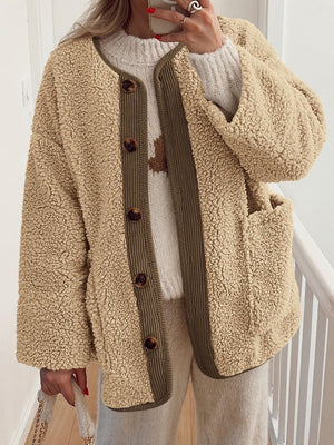Tan teddy-texture button-up jacket with corduroy trim and button details.