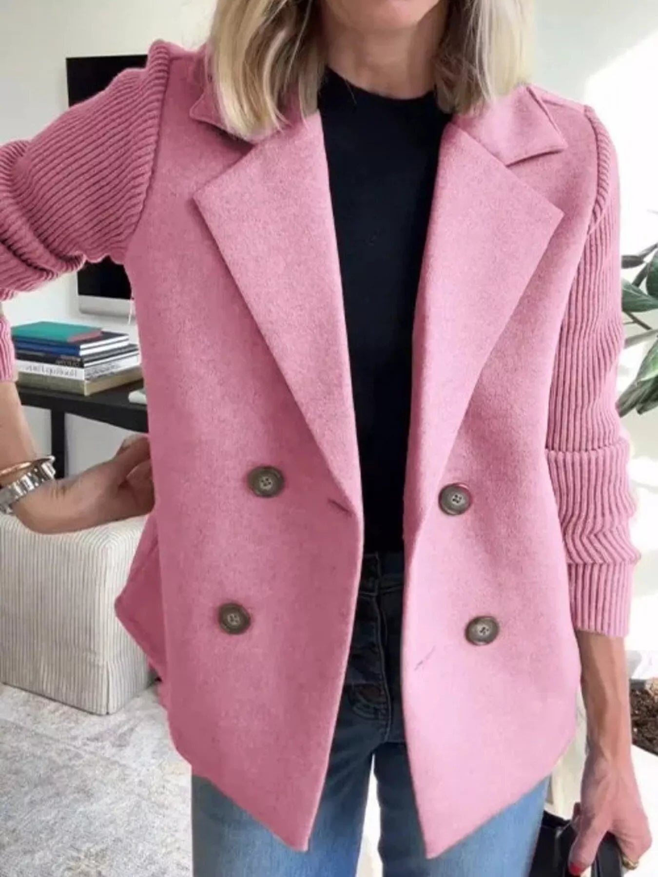 Pink double-breasted wool blend blazer with ribbed sleeves and button detail