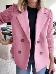 Pink double-breasted wool blend blazer with ribbed sleeves and button detail