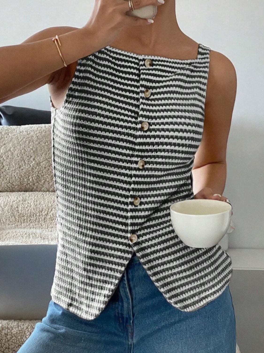 Textured stripe button-down tank top with square neckline and button front.