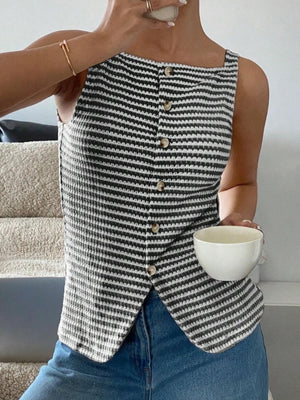 Textured stripe button-down tank top with square neckline and button front.
