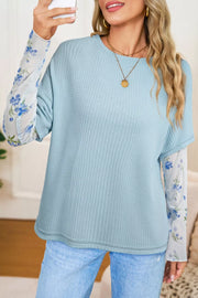 Light blue textured maternity overshirt with floral mesh sleeves