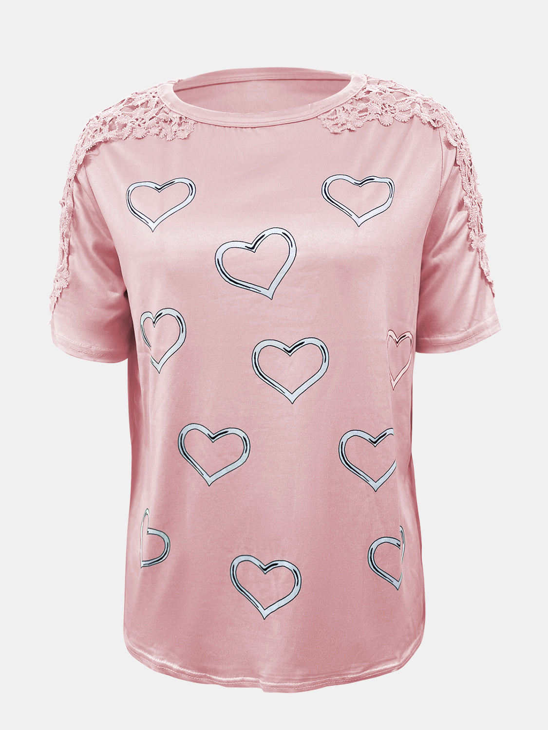 Blush pink tee with heart print and lace trim on shoulders and sleeves.
