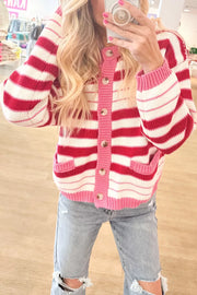 Stripe V Neck Long Sleeve Cardigan in Strawberry, side view