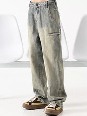 Vintage loose fit denim trousers in Air Force Blue with a faded wash and utility pocket.