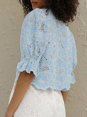 Charming Floral Embroidery Puff Sleeve Shirt
