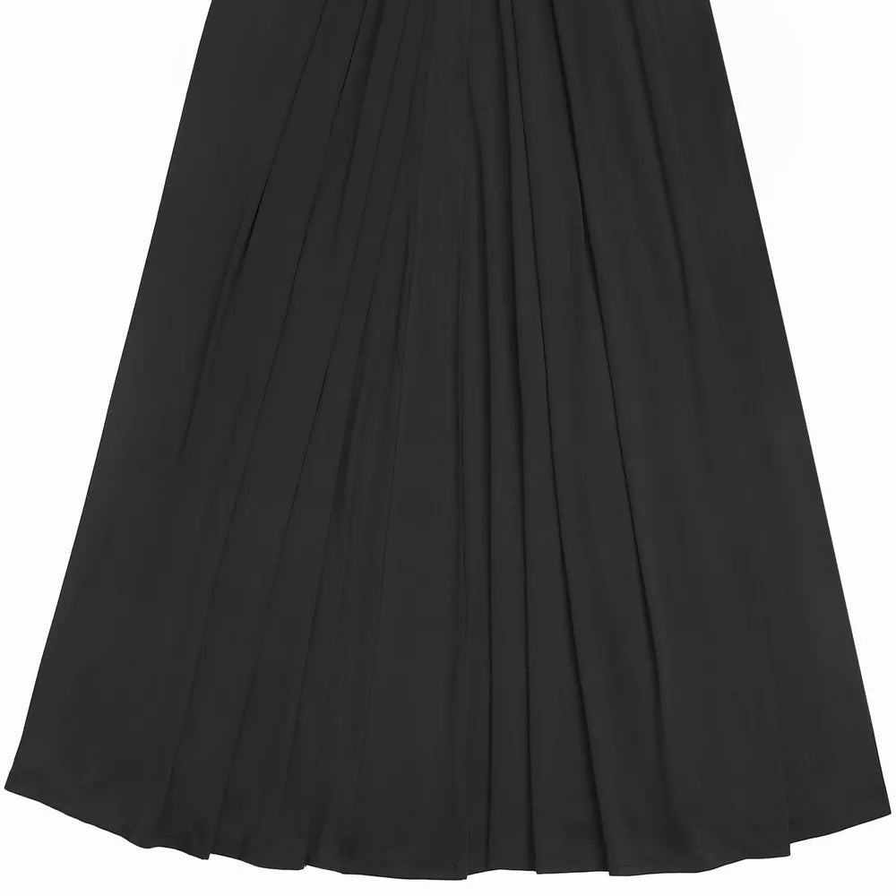 Black ruched one-shoulder evening dress with a flowing skirt.
