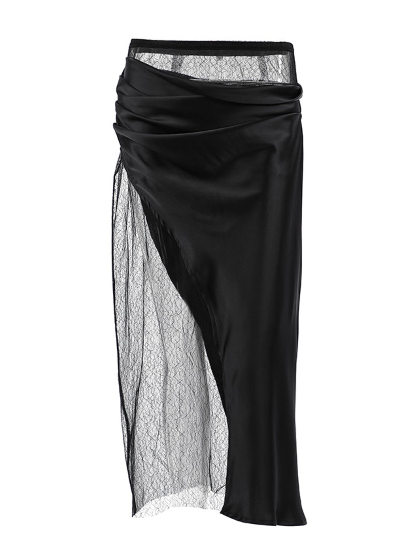 Black midi skirt with draped satin and sheer lace panel detail