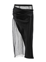 Black midi skirt with draped satin and sheer lace panel detail