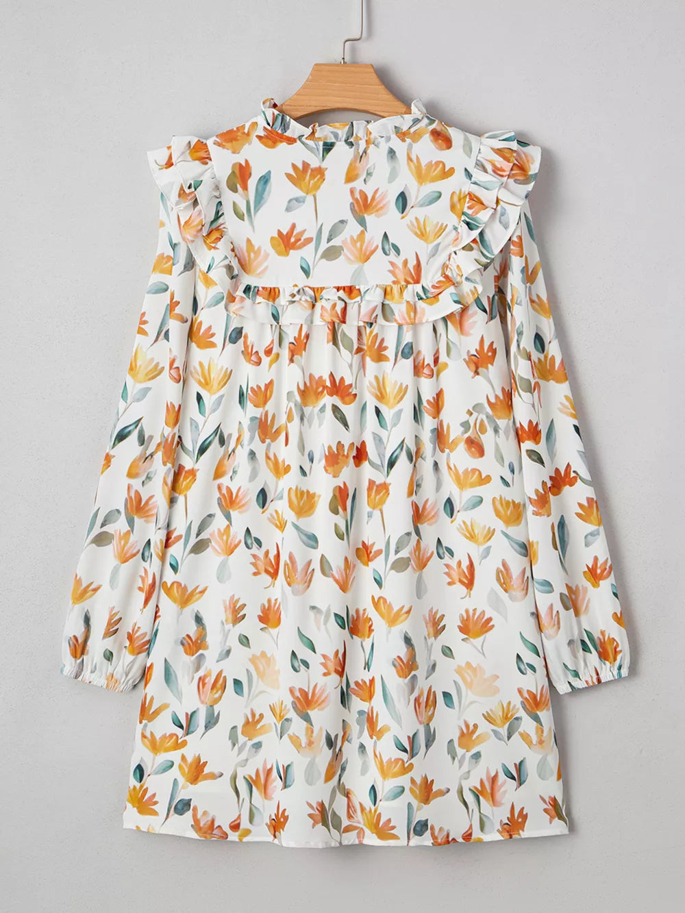 Bohemian Floral Print Ruffle Mini Dress in Sherbet, alternate angle