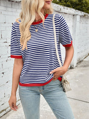 Nautical striped knit tee with red trim and crew neck.