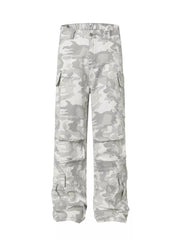 Men's camouflage cargo pants with multiple utility pockets in a light grey and white pattern.