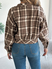 Cropped plaid shacket in Taupe with gathered sleeves and elastic hem.