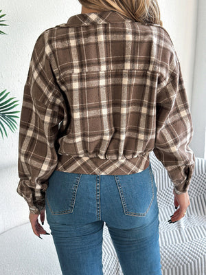Cropped plaid shacket in Taupe with gathered sleeves and elastic hem.