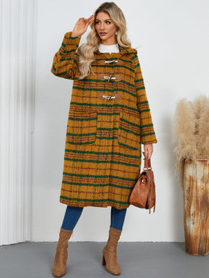 Tartan toggle hooded coat in mustard with green stripes, featuring toggle closures and pockets.
