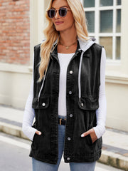 Black denim utility gilet with hood, buttoned front, and chest pockets.