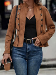 Brown suede military-inspired jacket with button details and stand-up collar.