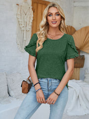 Dark green t-shirt with ruffled short sleeves and a scoop neckline.