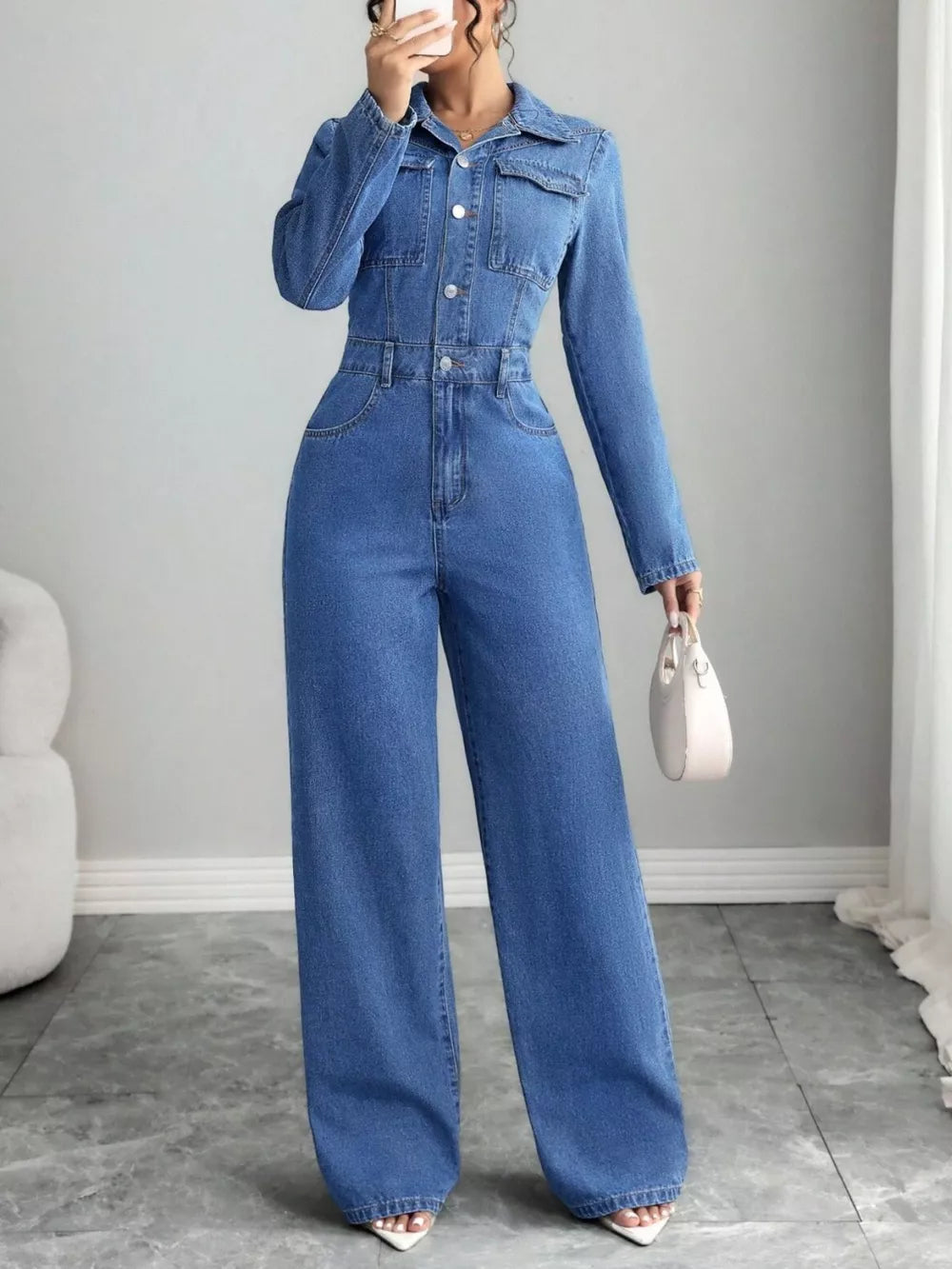 Button Front Long Sleeve Denim Jumpsuit, front view