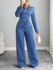 Button Front Long Sleeve Denim Jumpsuit, front view