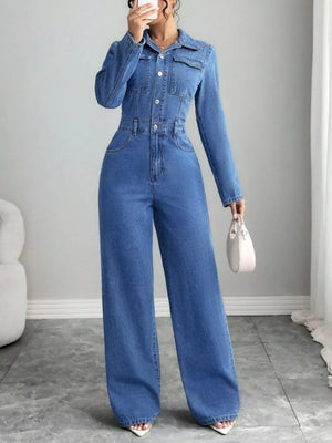 Button Front Long Sleeve Denim Jumpsuit, front view
