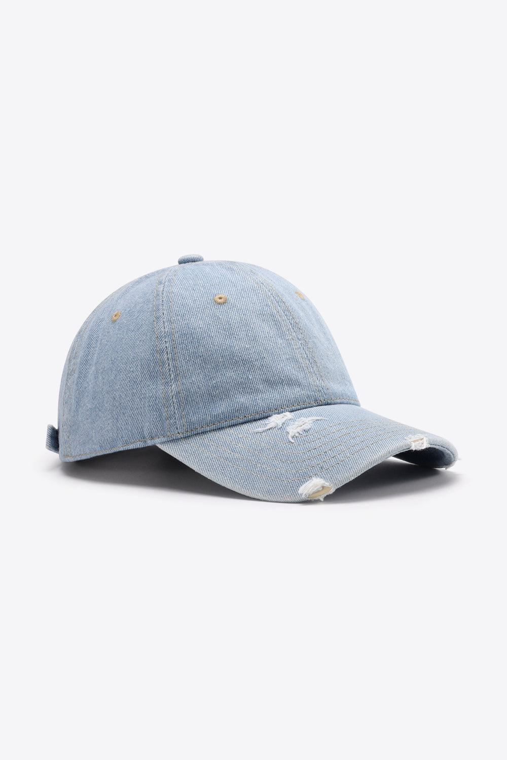 Light blue distressed denim baseball cap with adjustable strap