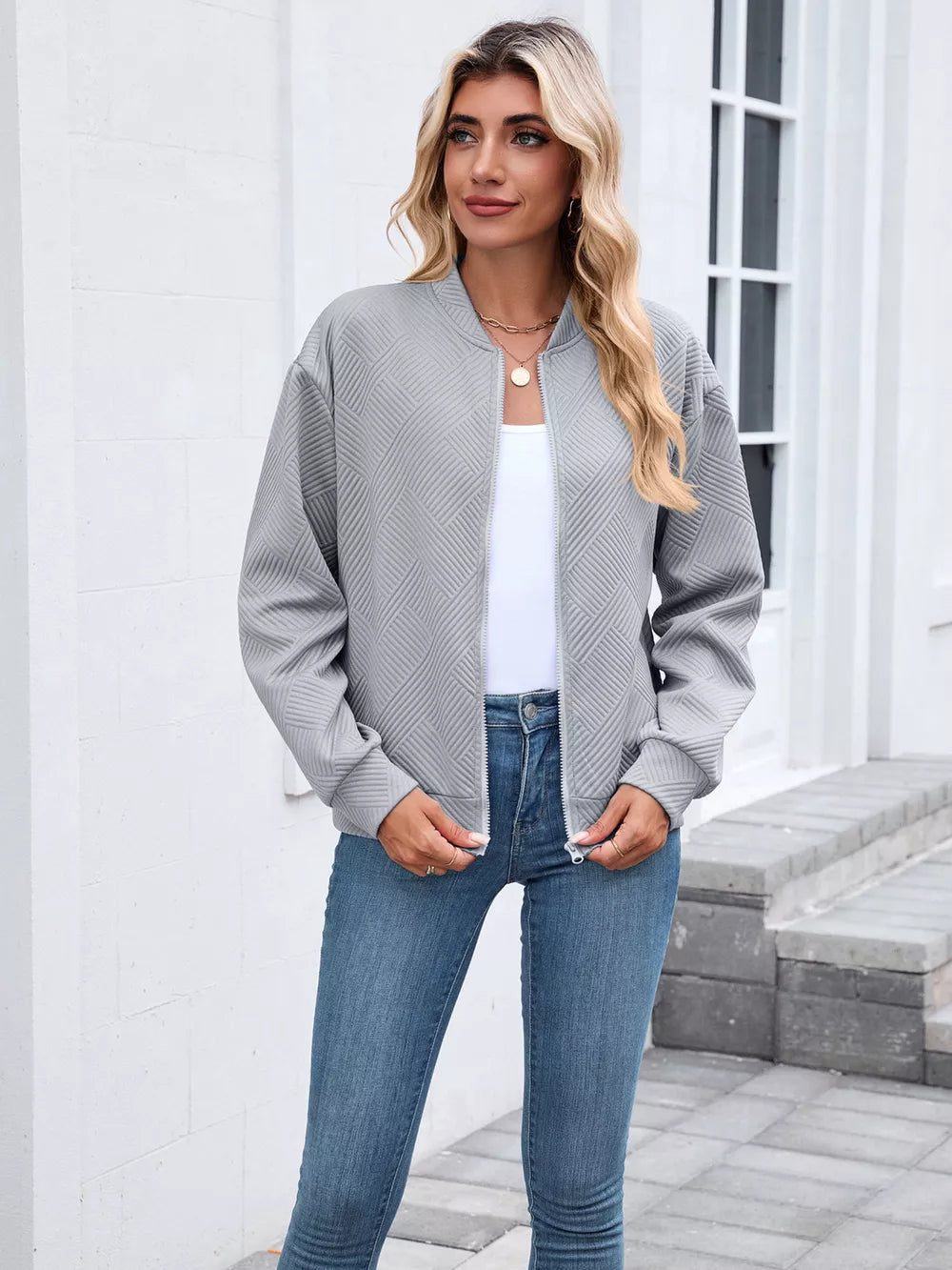 modern bomber jacket in Khaki Color with crew neck