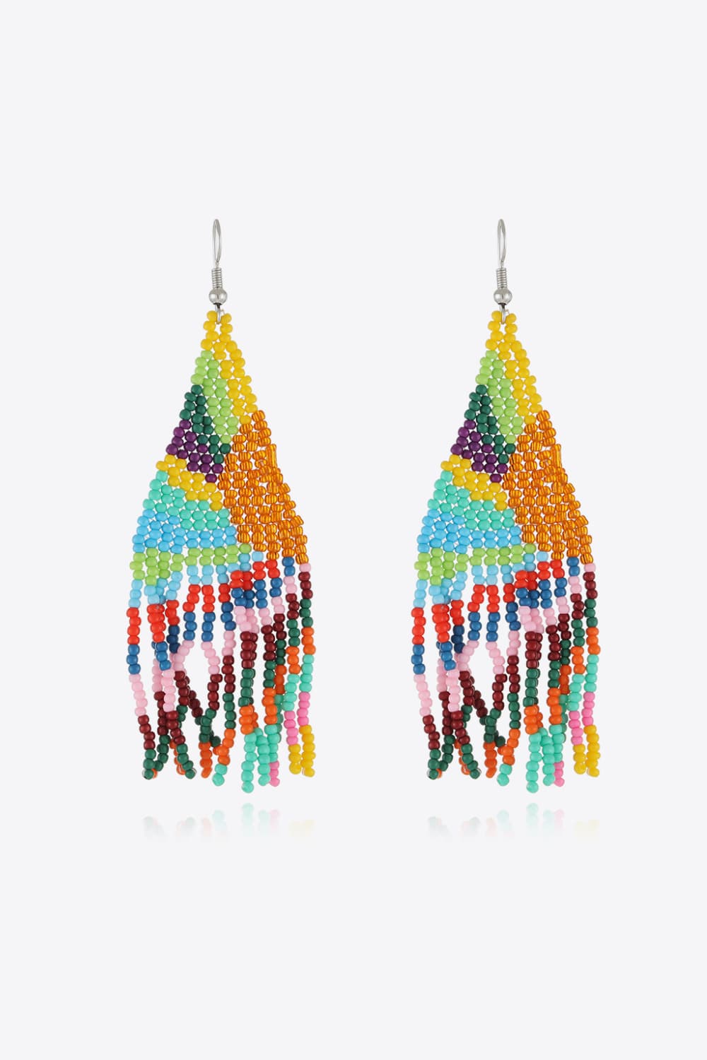 Women's colorful beaded drop earrings with geometric pattern and fringe detail