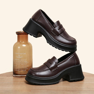 Dark brown round toe loafers with a chunky block heel and platform sole.