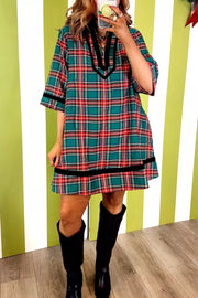 Plaid Velvet Trim Short Shift Dress in Plaid, close-up detail