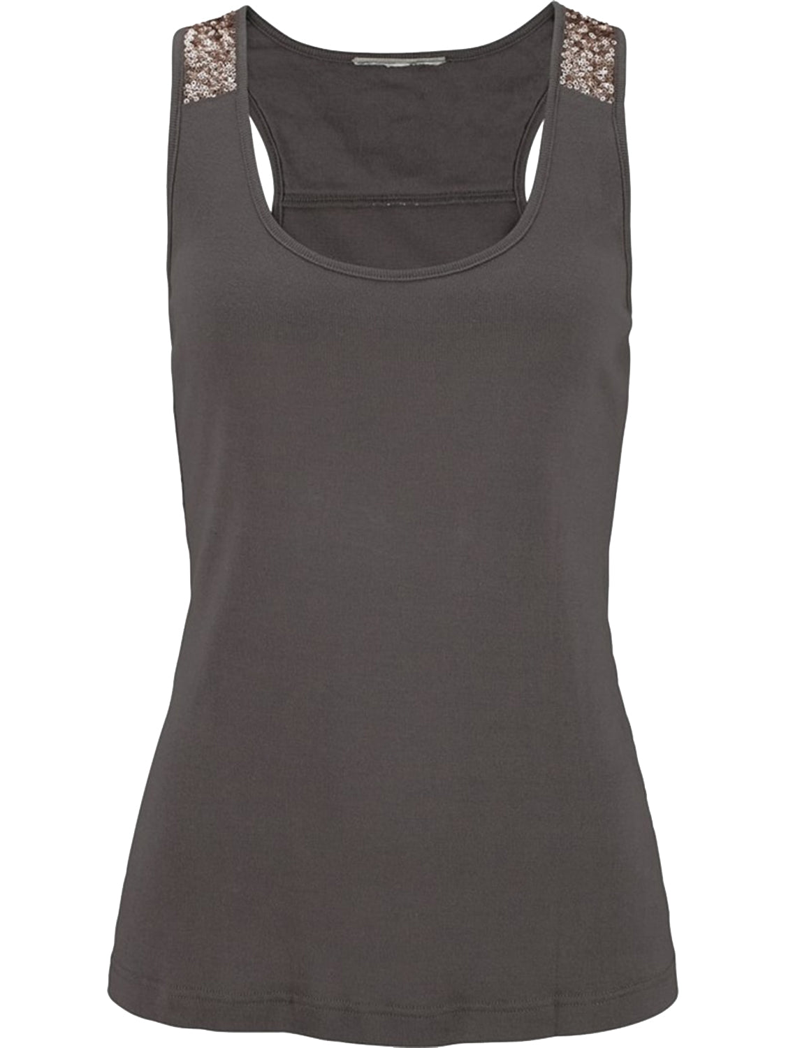 Dark gray tank top with sequin shoulder detail and racerback.