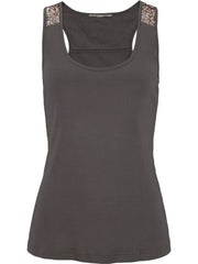 Dark gray tank top with sequin shoulder detail and racerback.