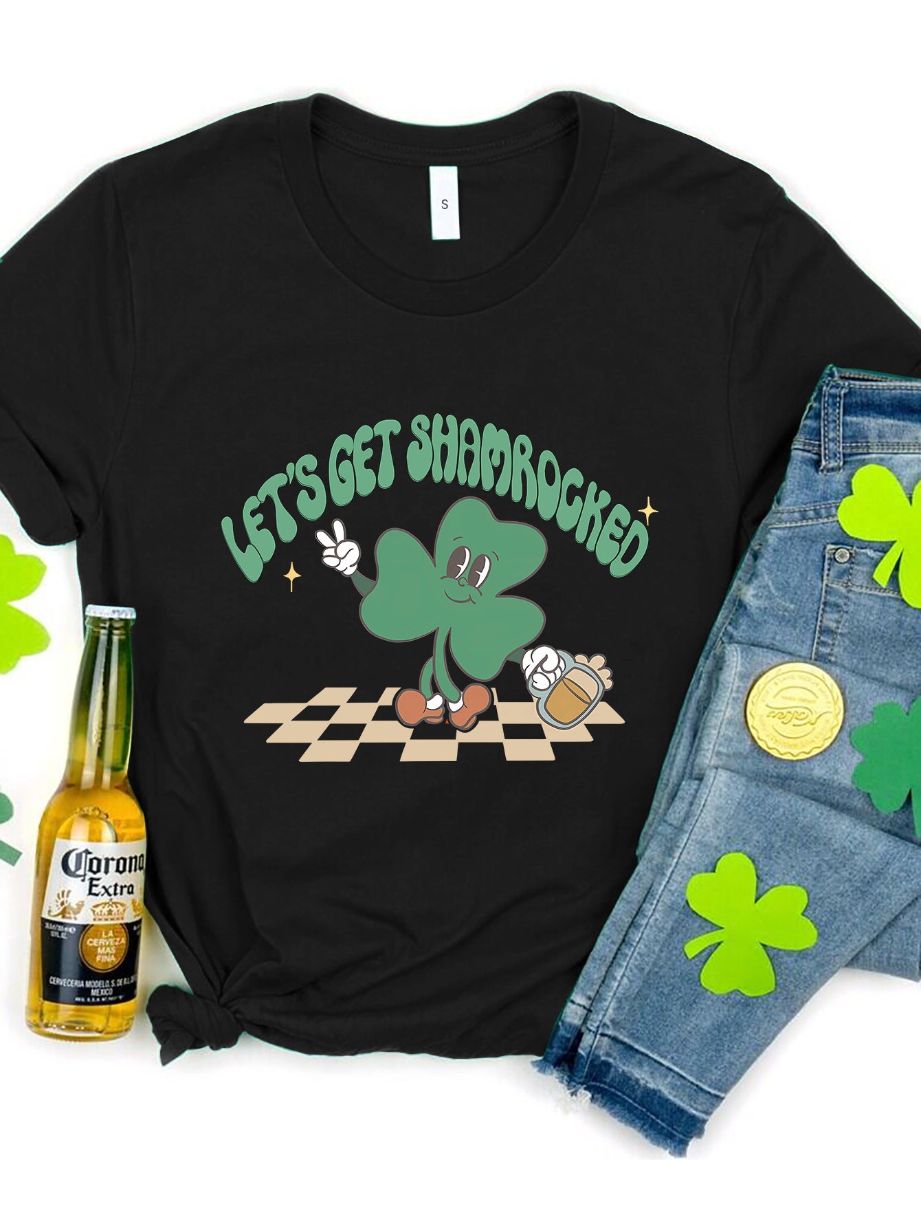 Black graphic t-shirt with retro shamrock and text Let's Get Shamrocked