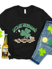 Black graphic t-shirt with retro shamrock and text Let's Get Shamrocked