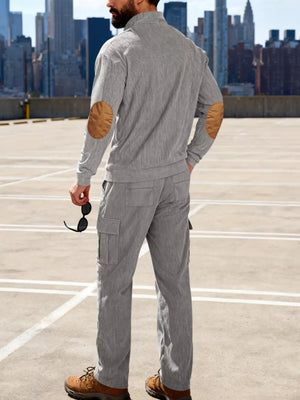 Men's gray two-piece set with elbow patches and cargo pants.