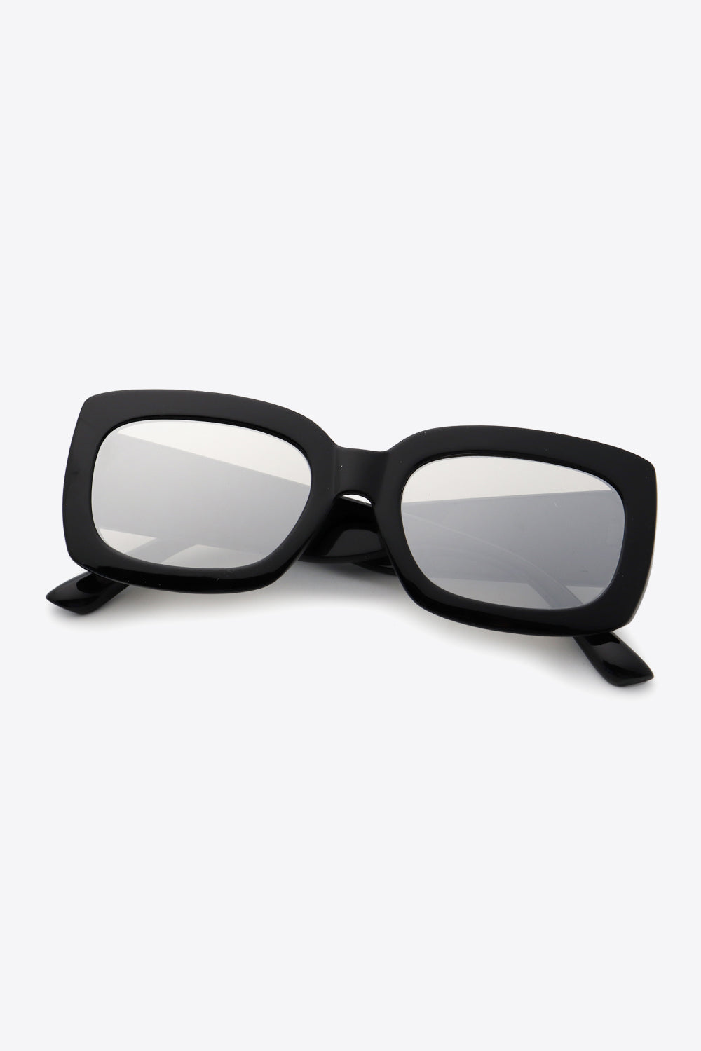 Black acetate rectangular sunglasses with silver mirrored lenses