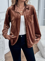 Brown velvet blouson sleeve button-up shirt with a chest pocket.