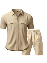 Light Khaki relaxed-fit button-up shirt with two chest pockets and matching drawstring shorts.