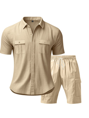 Light Khaki relaxed-fit button-up shirt with two chest pockets and matching drawstring shorts.
