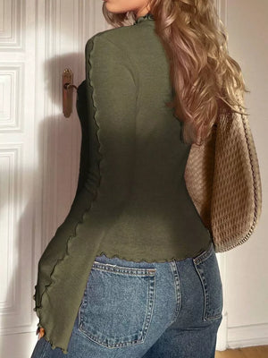 Army green lettuce edge flare sleeve t-shirt with lettuce trim details.
